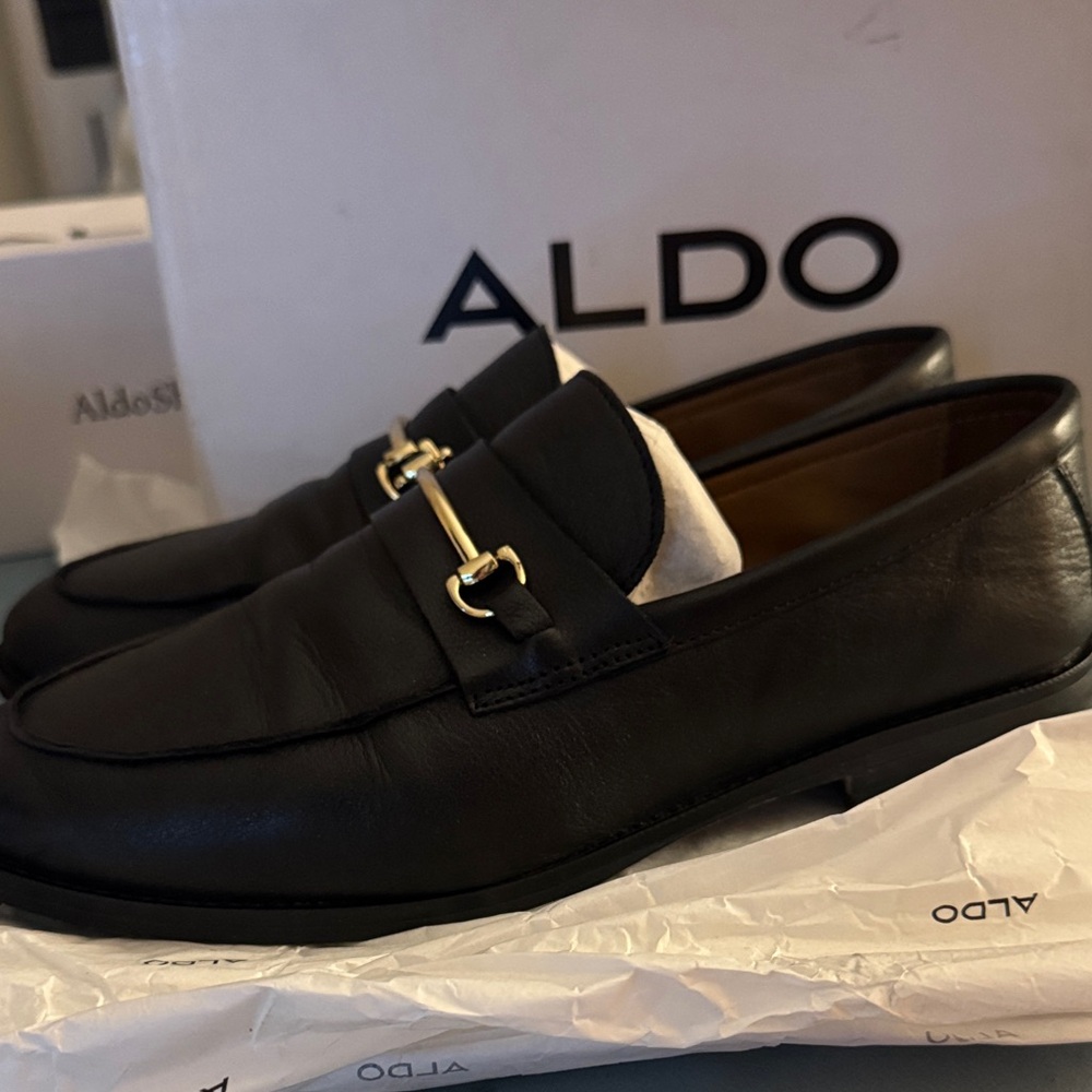 ALDO Black Leather Men's Slip-On Loafers with Gold Accent